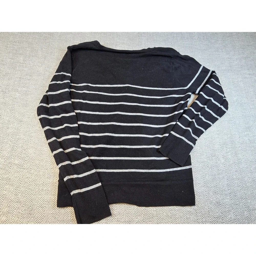 Merona Womens XL Black Gray Striped V-Neck Button Front Cotton Cardigan Sweater